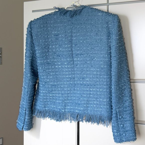 L'Agence Angelina Tweed Fringe Blazer in Riviera Blue in Size 8 Strong Shoulders - Picture 11 of 13